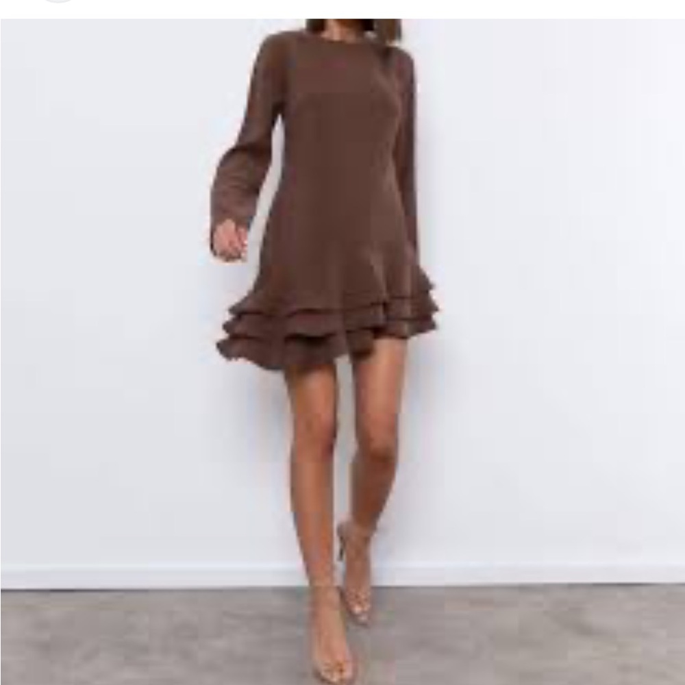 NWT!! Zara Brown Tiered Ruffle Mini Dress - Picture 2 of 4